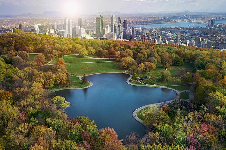 Montréal, ses parcs et ses jardins Vue aérienne d'un parc de Montréal