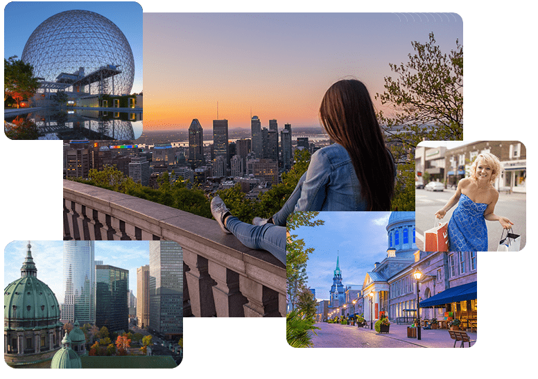 On site : Shopping hours in Montreal transports and all you need to know... Patchwork of photos of Montreal
